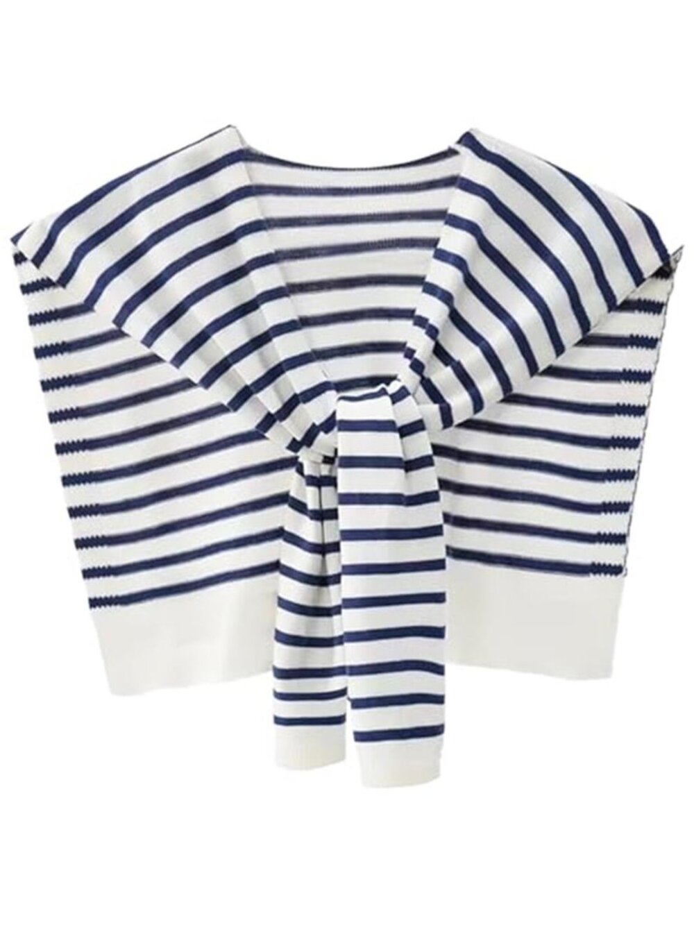 Navy White Striped Knit Sweater Shawl Wrap Knotted Women
